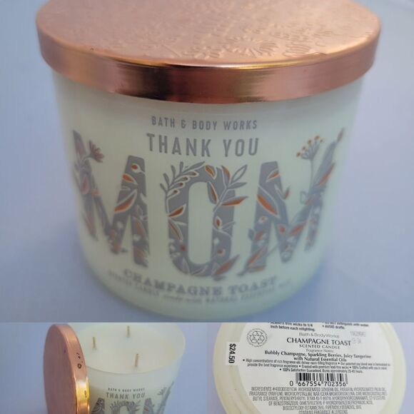 NEW MOM THANK YOU CHAMPAGNE TOAST LARGE 3 WICK CANDLE + COPPER LID BATH BODY NWT - Picture 1 of 4
